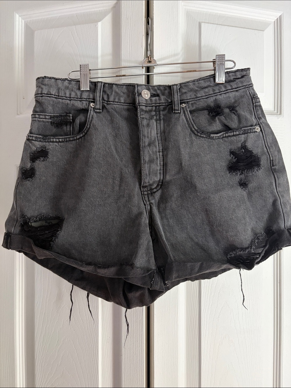 Free People Washed Black Distressed Denim Shorts curvy